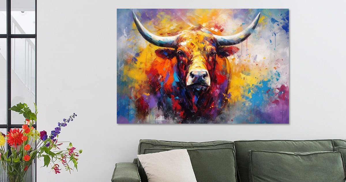 Canvas Schilderij Een bruine stier tegen een zwarte achtergrond